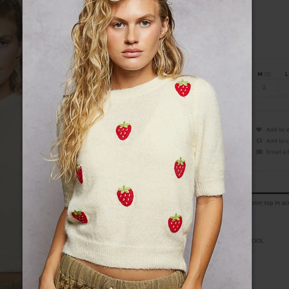 POL “ Edith” POL Short Sleeve Sweater with Handmade Strawberry Patch Detail 86A